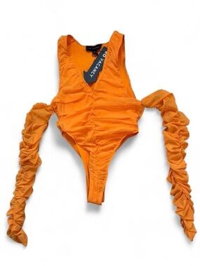 No Vacancy Scrunched Orange Bodysuit With Ruffled Long Sleeves